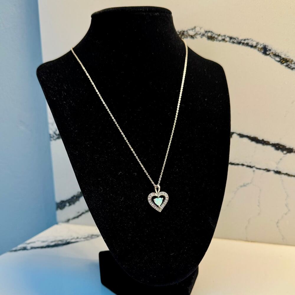 Sterling Silver Opal Heart CZ Necklace 925